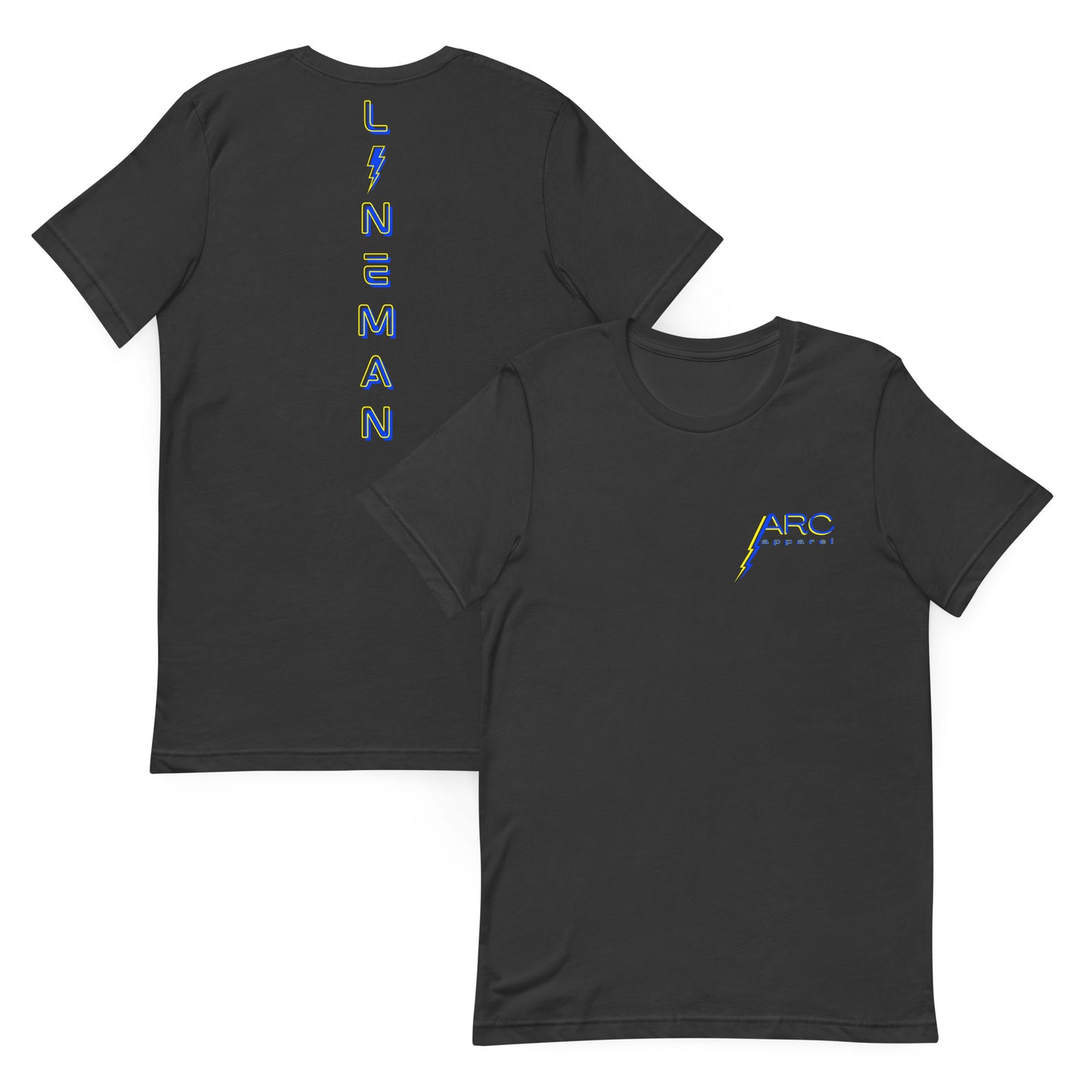 Grey lineman shirt with neon designed lineman text down the back in ARC Apparel colors. Lightning bolt replacing the i. ARC apparel logo on front
