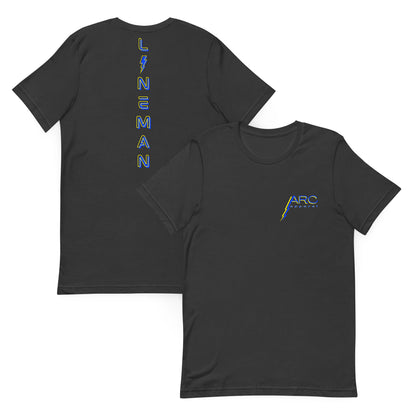 Grey lineman shirt with neon designed lineman text down the back in ARC Apparel colors. Lightning bolt replacing the i. ARC apparel logo on front