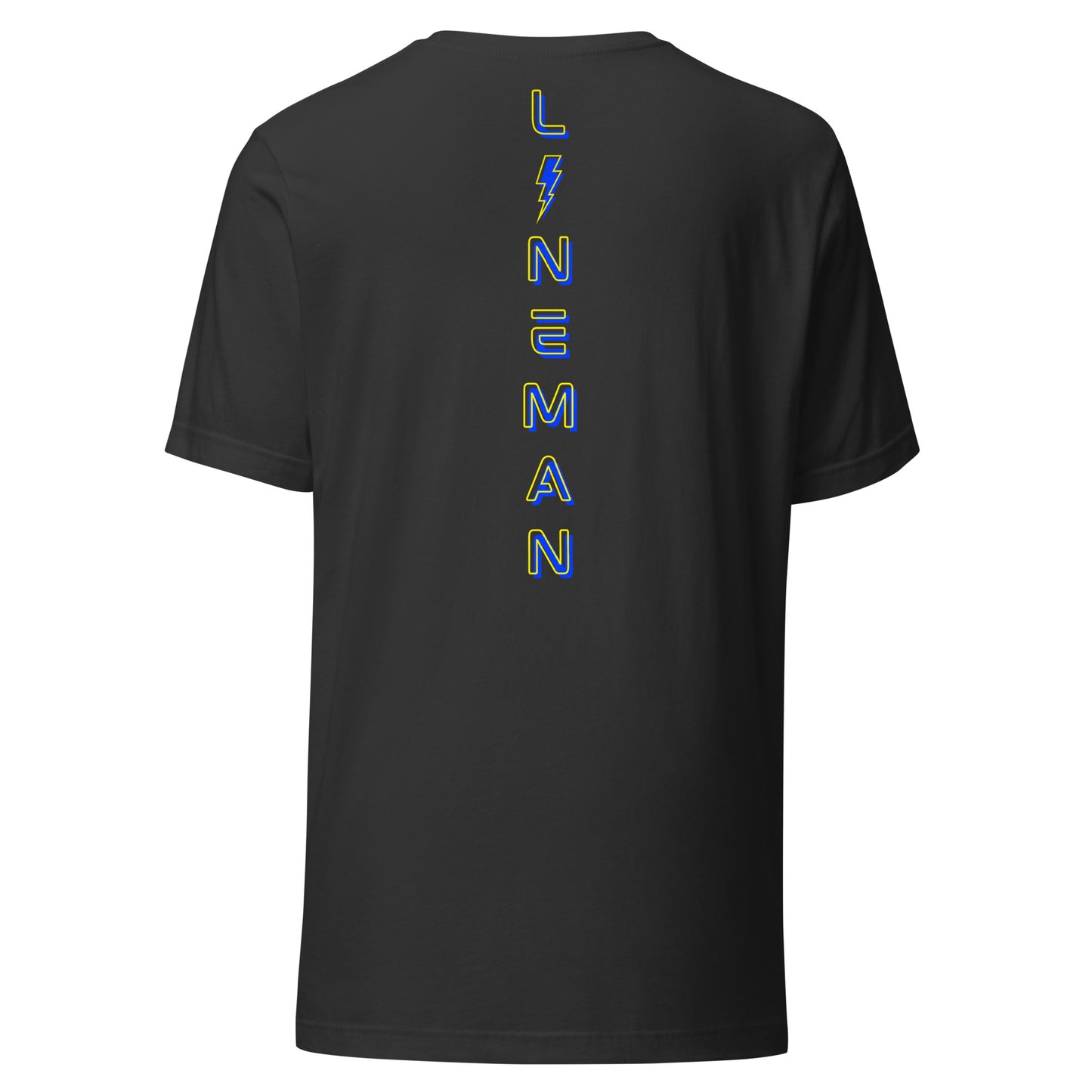 Grey lineman shirt with neon designed lineman text down the back in ARC Apparel colors. Lightning bolt replacing the i.
