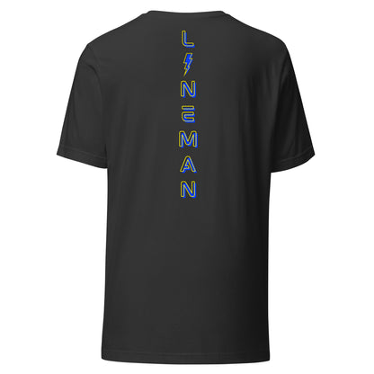 Grey lineman shirt with neon designed lineman text down the back in ARC Apparel colors. Lightning bolt replacing the i.
