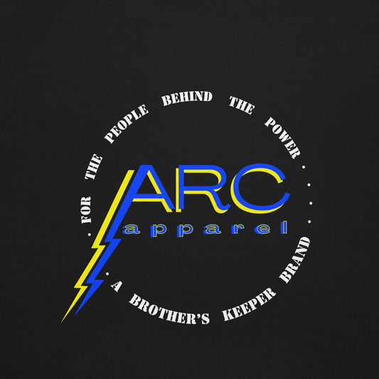 Close up black arc apparel lineman and electrician shirt. ARC Apparel logo on back. 