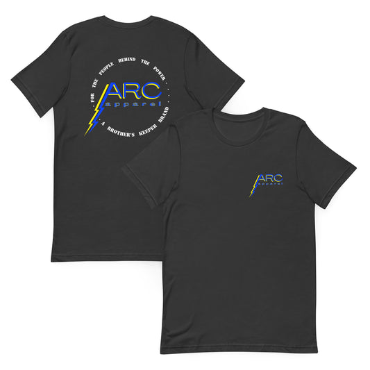 Grey arc apparel lineman and electrician shirt. ARC Apparel logo on back with motto. arc apparel logo on front
