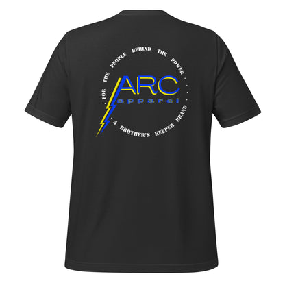 Grey arc apparel lineman and electrician shirt. ARC Apparel logo on back with motto.