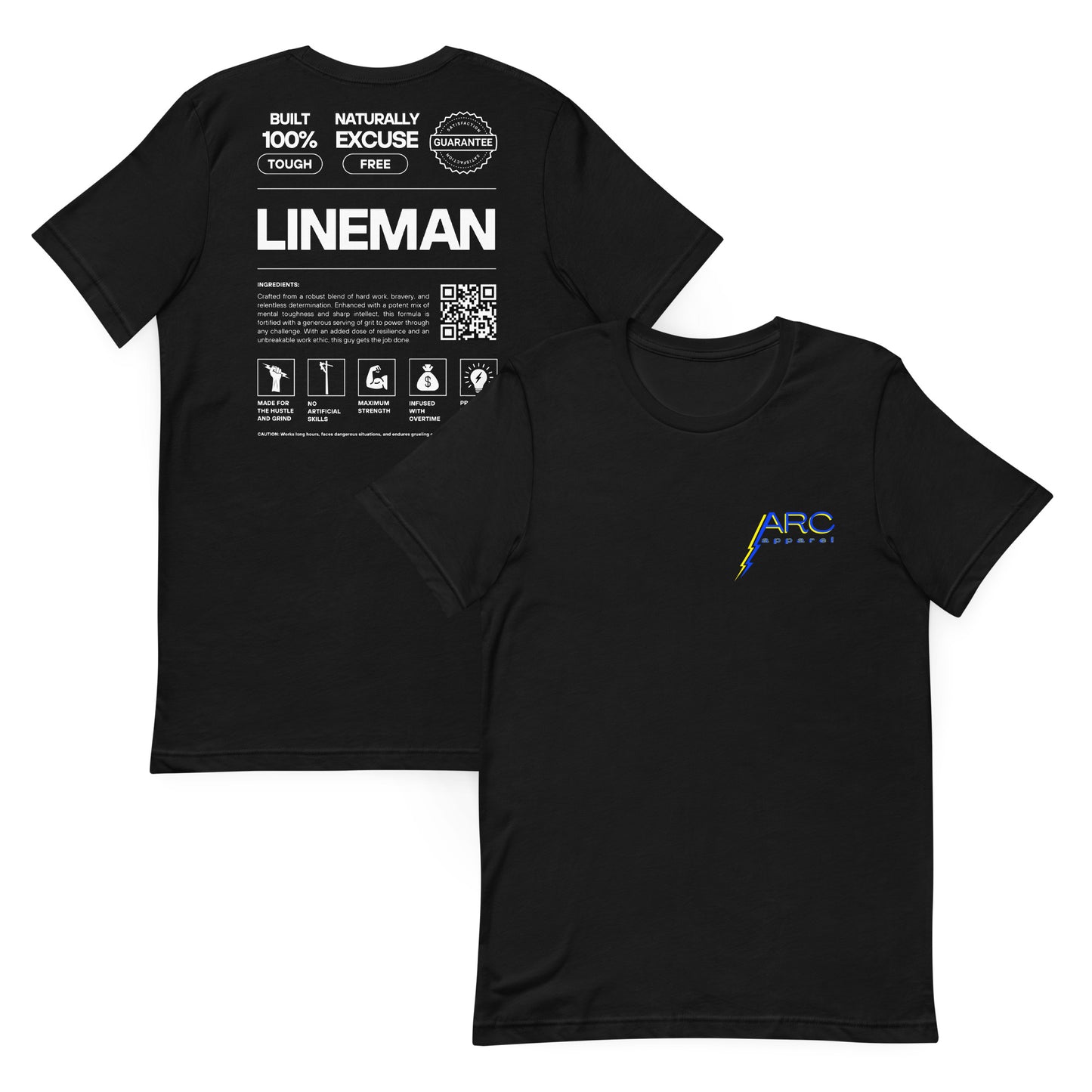 Black shirt for linemen. Arc apparel logo on front. Text and icons for an ingredient list for a lineman. QR code to arc-apparel.com