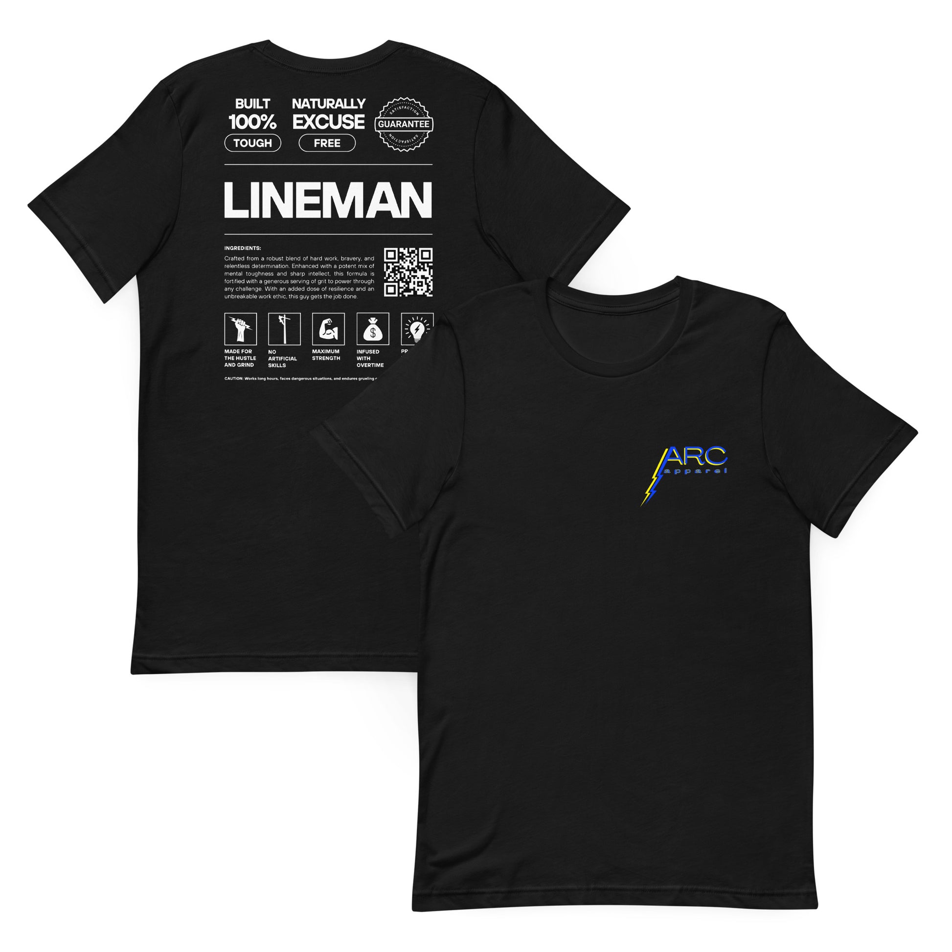 Black shirt for linemen. Arc apparel logo on front. Text and icons for an ingredient list for a lineman. QR code to arc-apparel.com