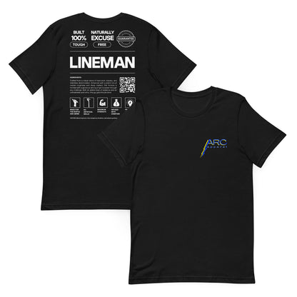 Black shirt for linemen. Arc apparel logo on front. Text and icons for an ingredient list for a lineman. QR code to arc-apparel.com