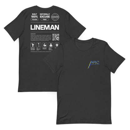 Grey shirt for linemen. ARC apparel logo on front. Text and icons for an ingredient list for a lineman. QR code to arc-apparel.com