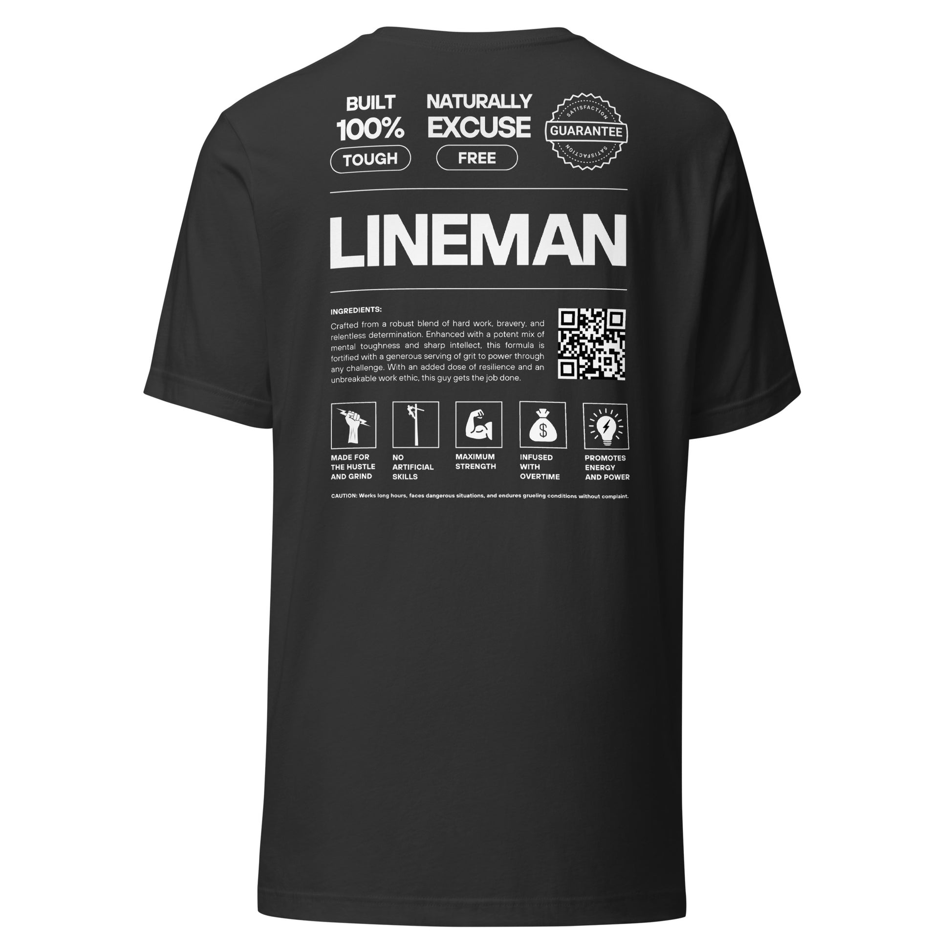 Grey shirt for linemen. Text and icons for an ingredient list for a lineman. QR code to arc-apparel.com