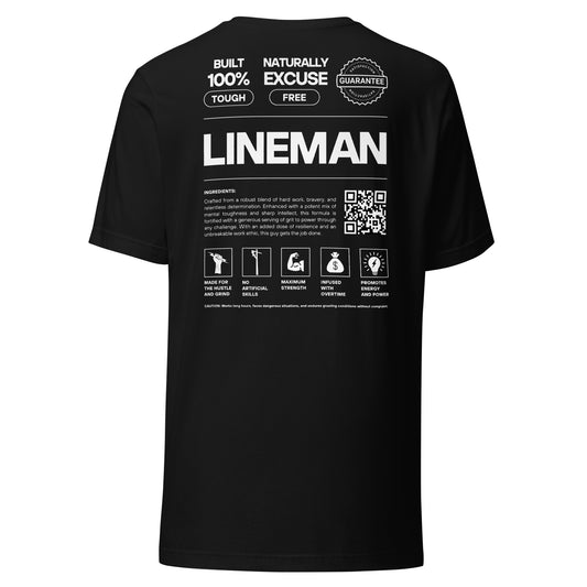 Black shirt for linemen. Text and icons for an ingredient list for a lineman. QR code to arc-apparel.com
