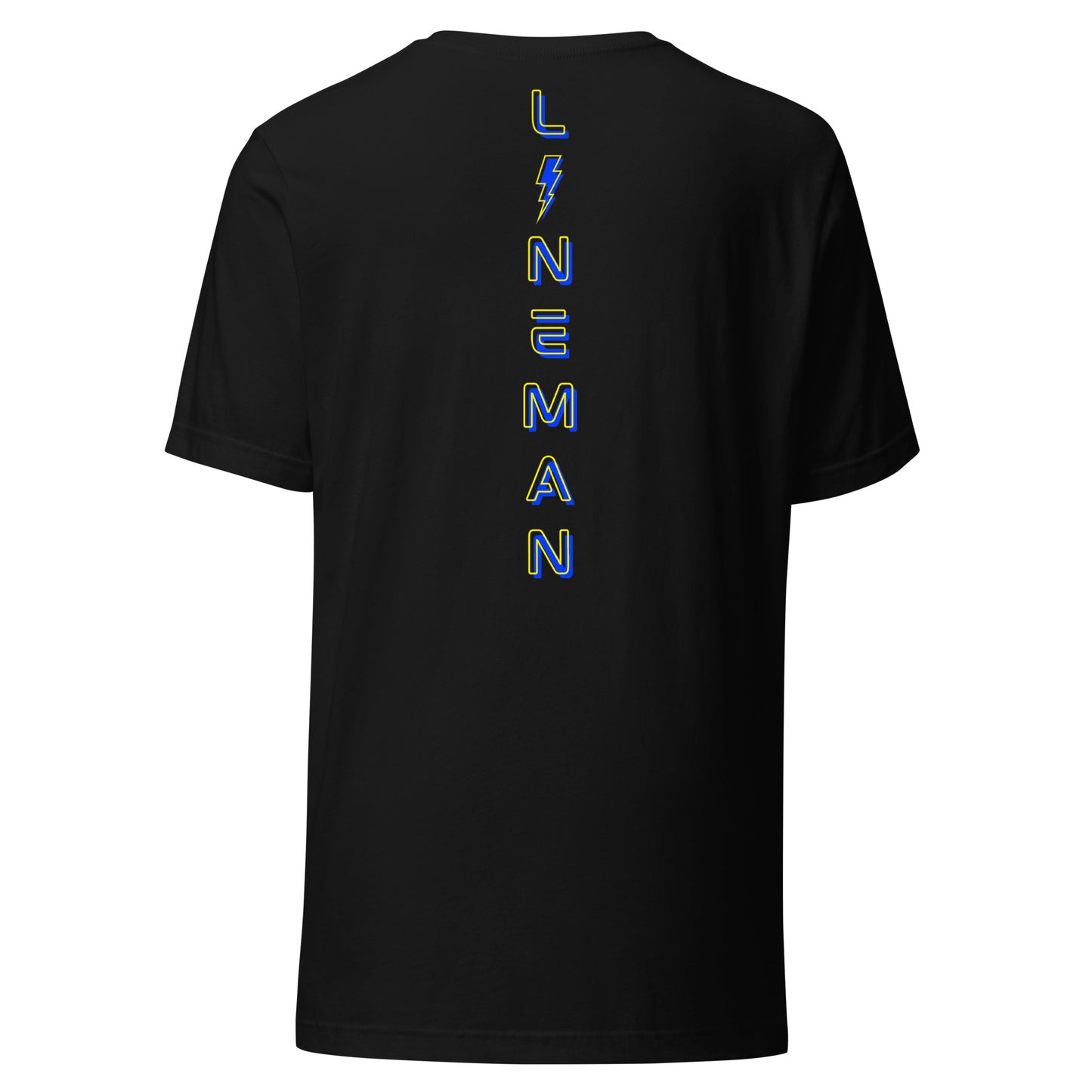 Black lineman shirt with neon designed lineman text down the back in ARC Apparel colors. Lightning bolt replacing the i.
