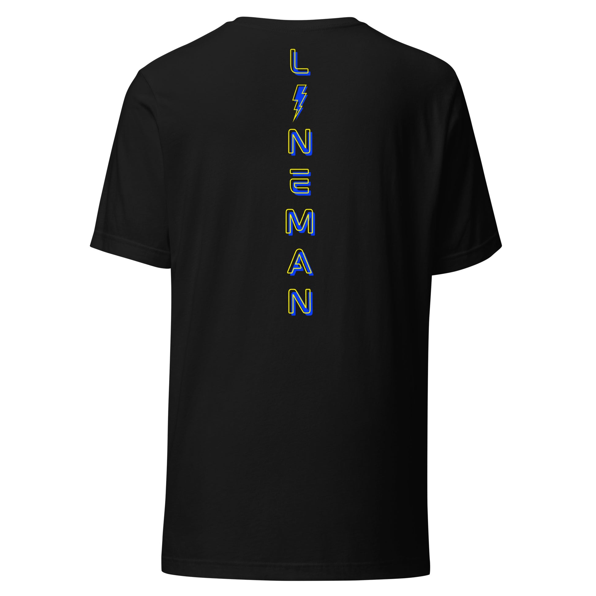 Black lineman shirt with neon designed lineman text down the back in ARC Apparel colors. Lightning bolt replacing the i.
