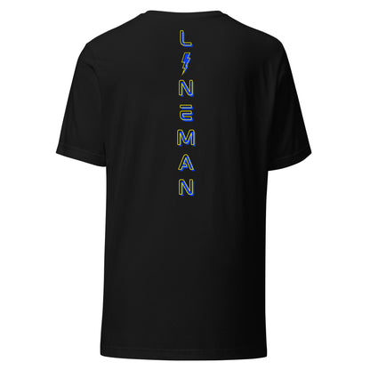 Black lineman shirt with neon designed lineman text down the back in ARC Apparel colors. Lightning bolt replacing the i.