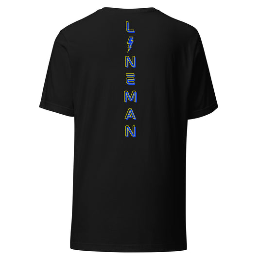 Black lineman shirt with neon designed lineman text down the back in ARC Apparel colors. Lightning bolt replacing the i.