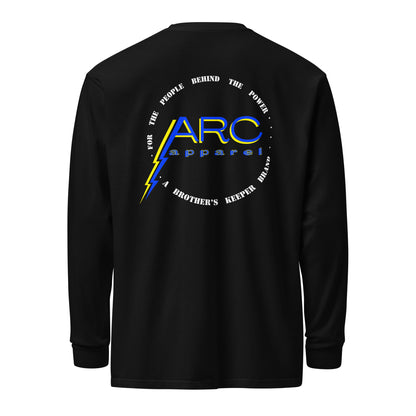 Black long sleeve arc apparel lineman and electrician shirt. ARC Apparel logo on back with motto.