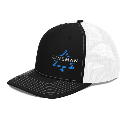 side view black front white back hat for linemen. lineman text inside a grounded delta symbol