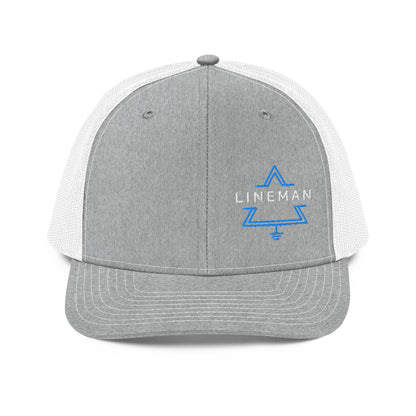 Grey front white back hat for linemen. lineman text inside a grounded delta symbol