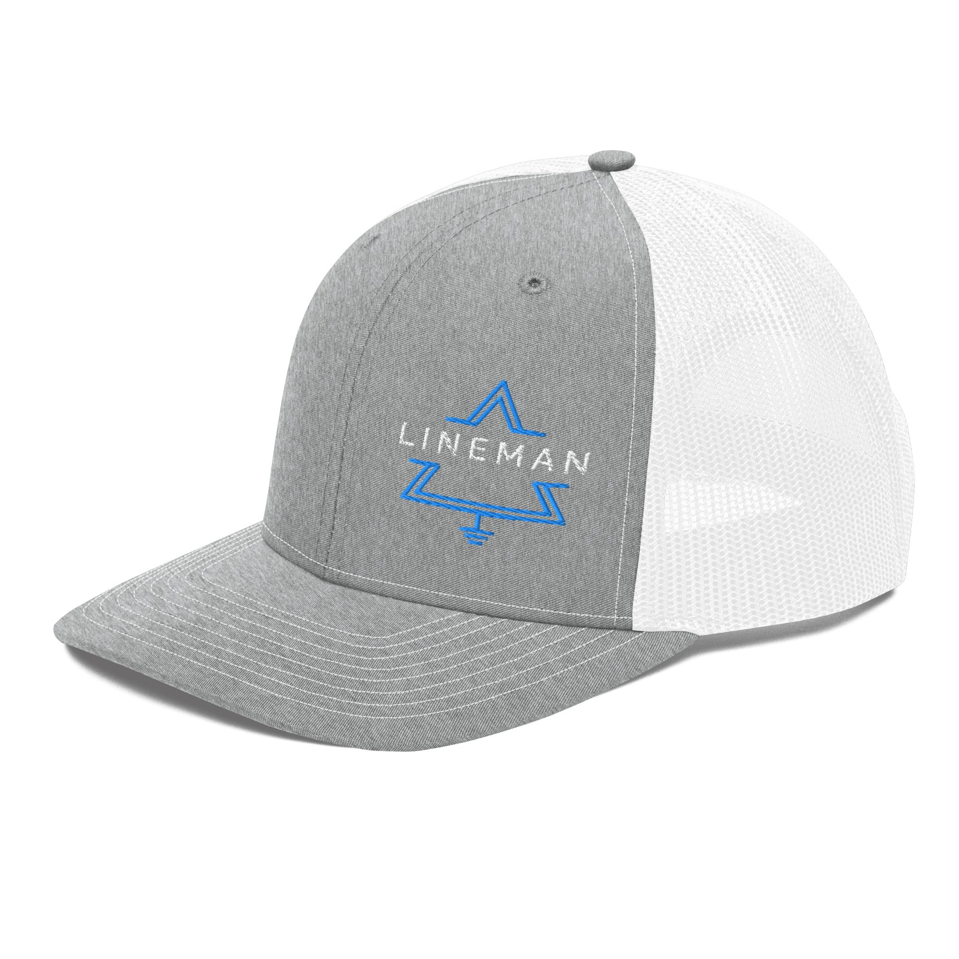 Side view Grey front white back hat for linemen. lineman text inside a grounded delta symbol