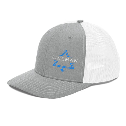 Side view Grey front white back hat for linemen. lineman text inside a grounded delta symbol