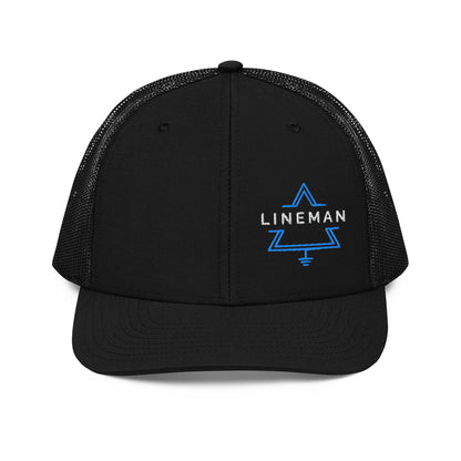 all black hat for linemen. lineman text inside a grounded delta symbol