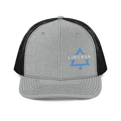 Grey front black back hat for linemen. lineman text inside a grounded delta symbol