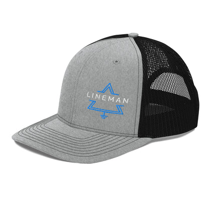 side view Grey front black back hat for linemen. lineman text inside a grounded delta symbol