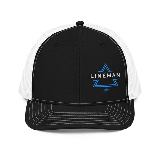 black front white back hat for linemen. lineman text inside a grounded delta symbol