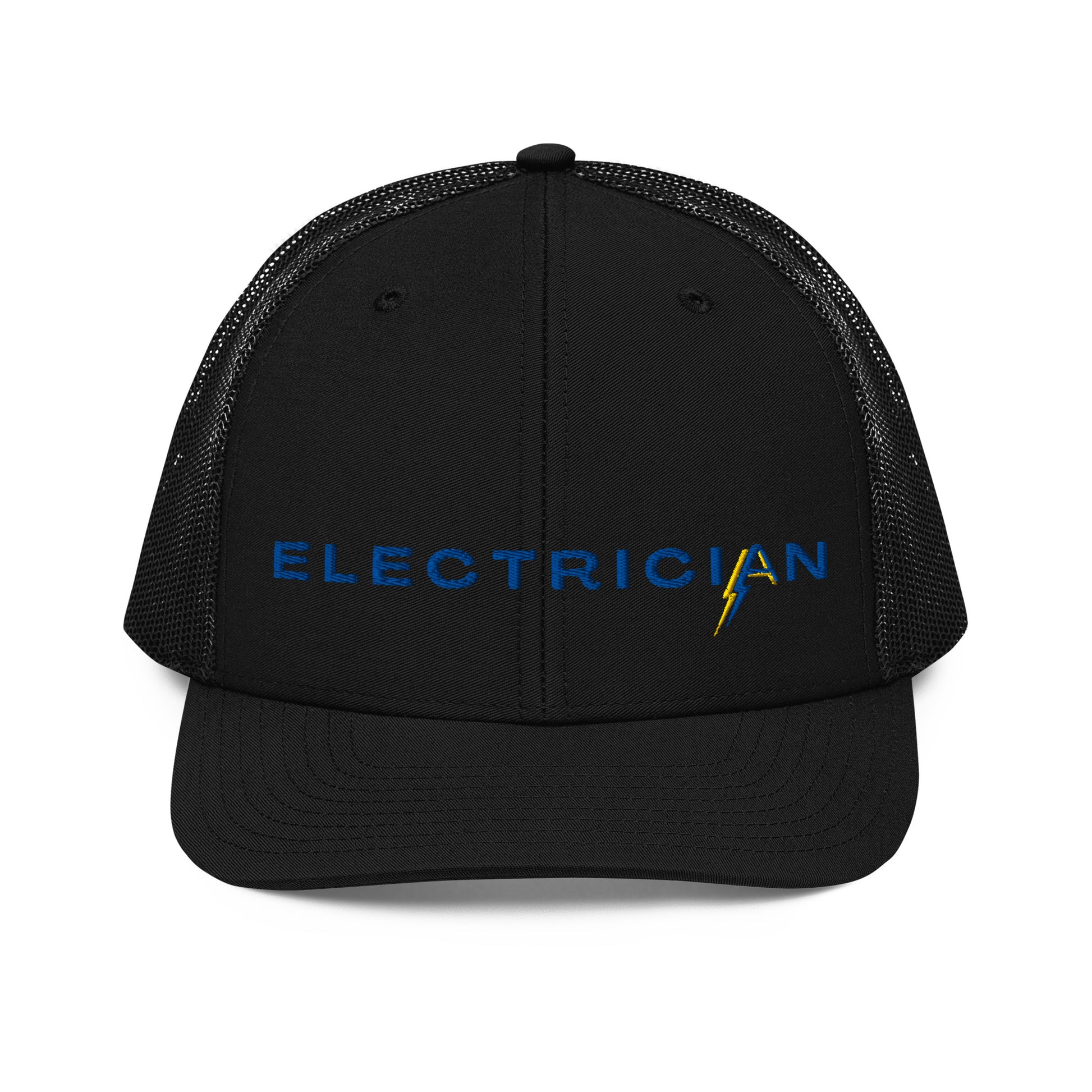 all black Richardson Snapback trucker hat for electricians. ARC Apparel branded A in the word electrician.