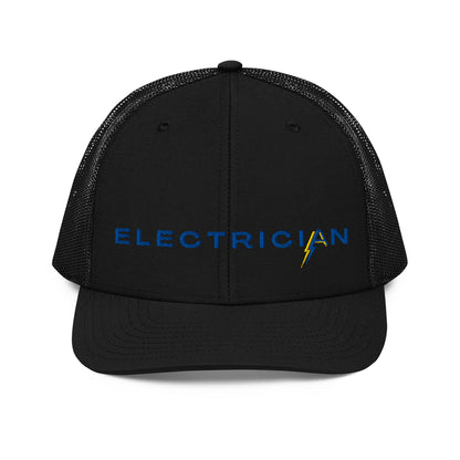 all black Richardson Snapback trucker hat for electricians. ARC Apparel branded A in the word electrician.