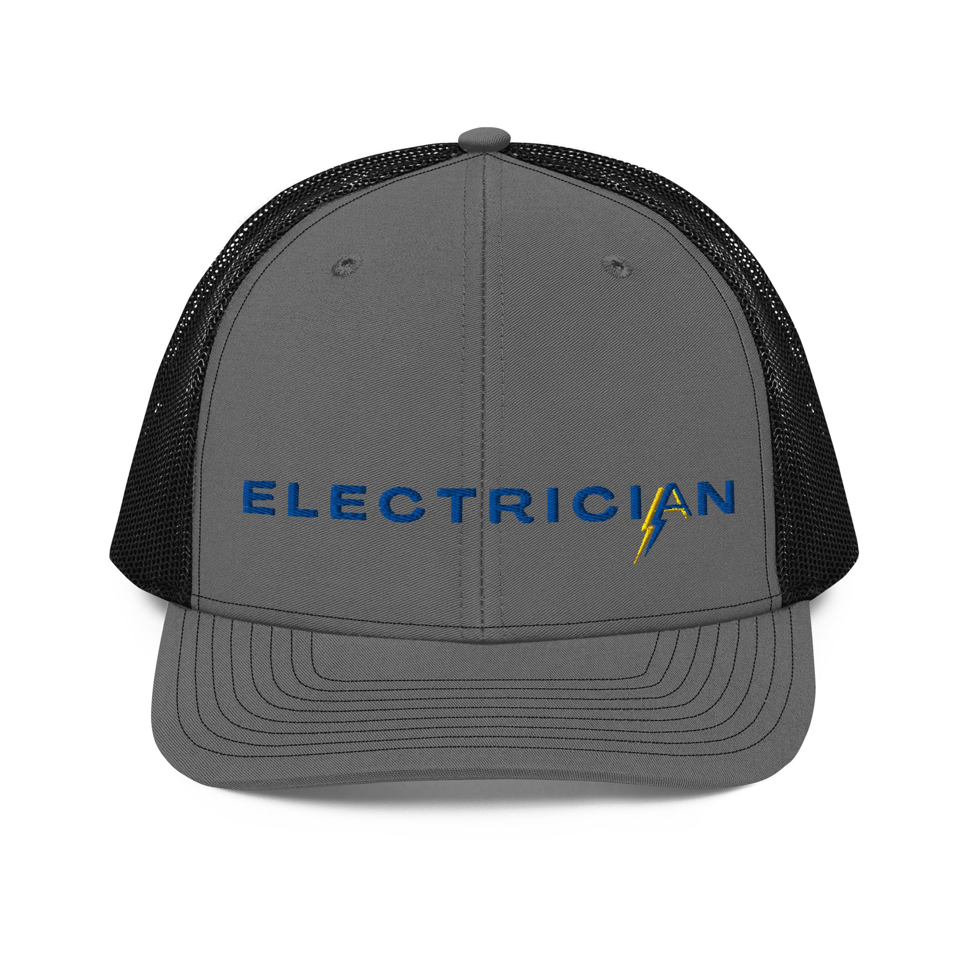 charcoal front black back Richardson Snapback trucker hat for electricians. ARC Apparel branded A in the word electrician.