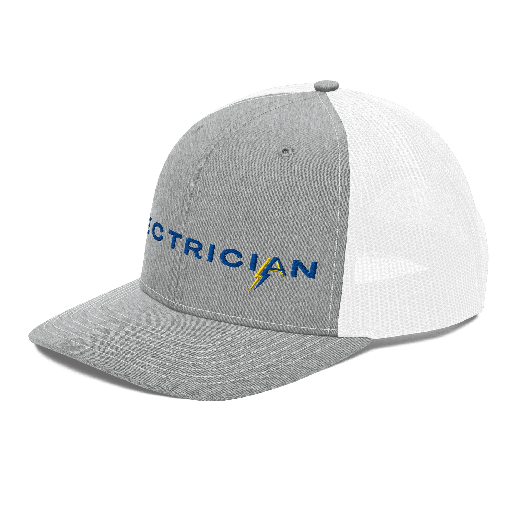 side view grey front white back Richardson Snapback trucker hat for electricians. ARC Apparel branded A in the word electrician.
