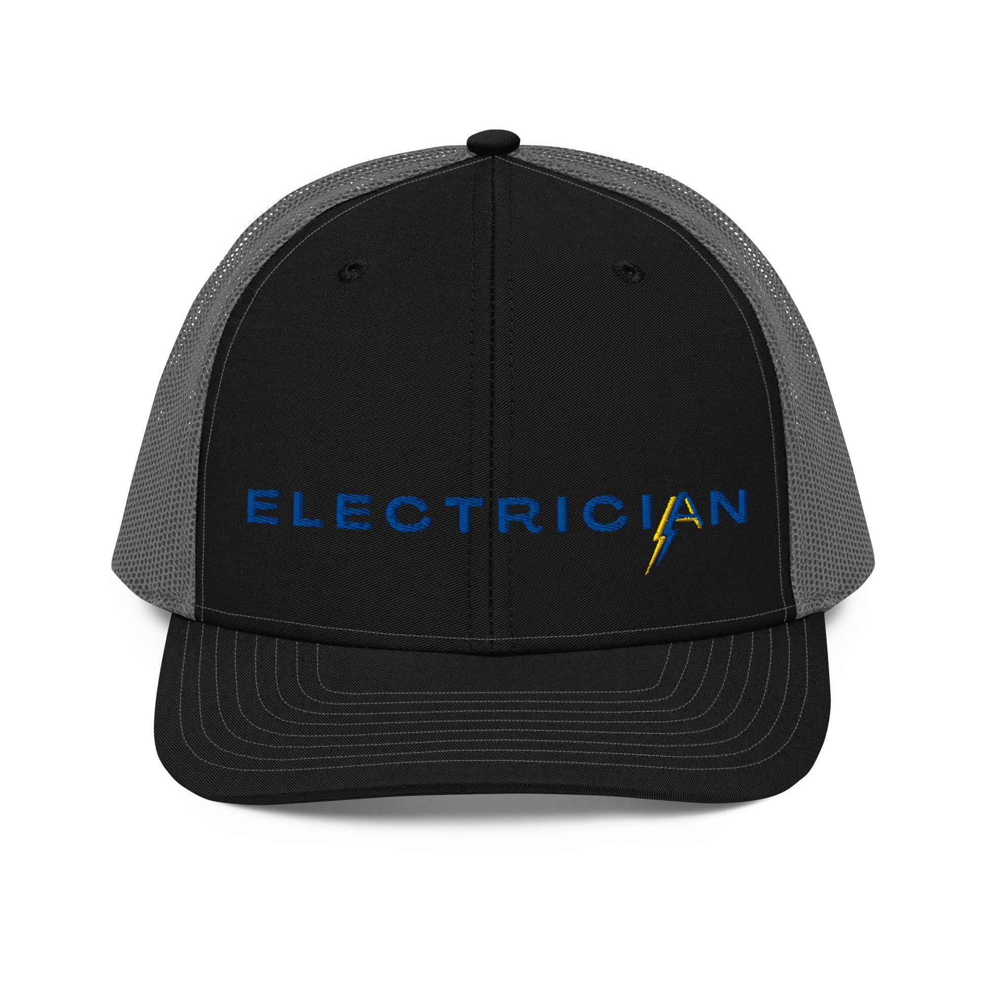 black front grey back Richardson Snapback trucker hat for electricians. ARC Apparel branded A in the word electrician.