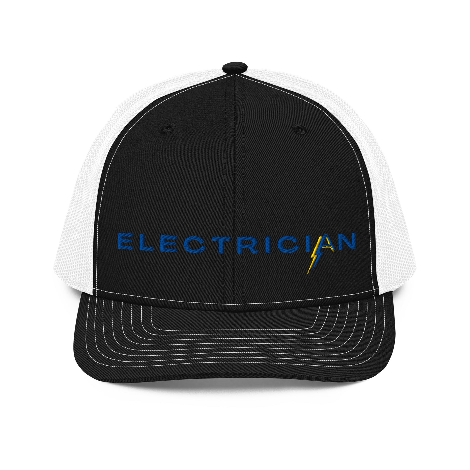 black front white back Richardson Snapback trucker hat for electricians. ARC Apparel branded A in the word electrician.