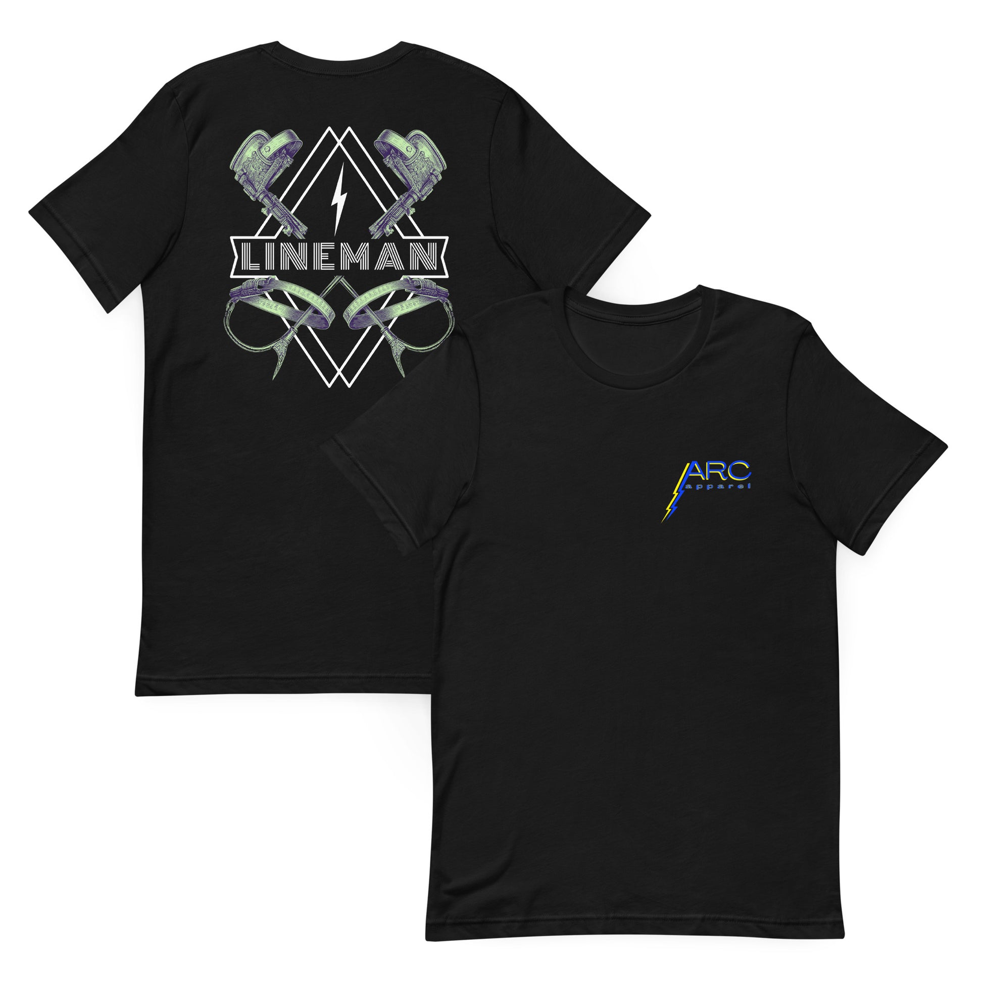 Black lineman shirt with graphic of climbers and gaffs, lightning bolt, and bold lineman text. ARC Apparel logo on front