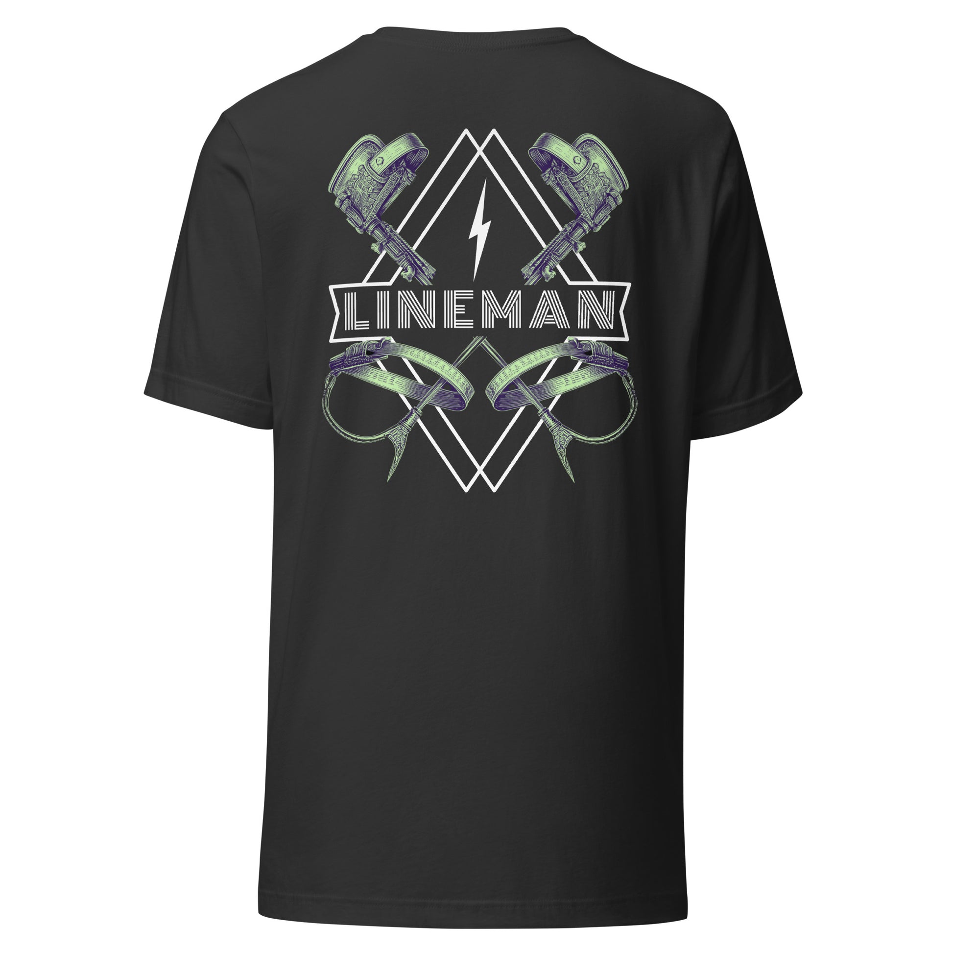 Grey lineman shirt with graphic of climbers and gaffs, lightning bolt, and bold lineman text.