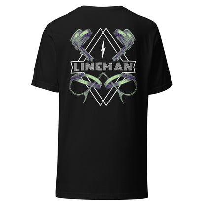 Black lineman shirt with graphic of climbers and gaffs, lightning bolt, and bold lineman text.