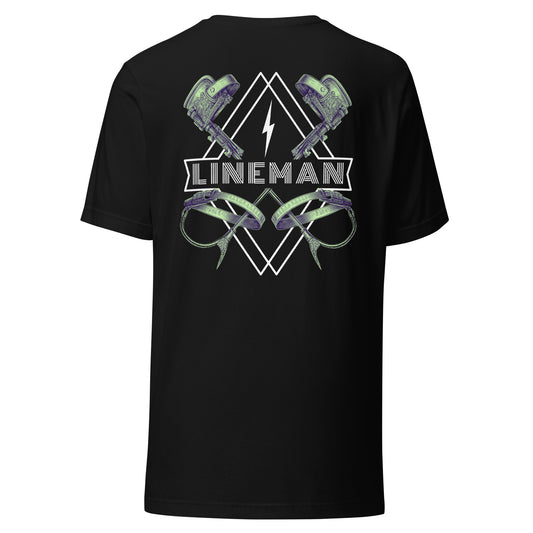 Black lineman shirt with graphic of climbers and gaffs, lightning bolt, and bold lineman text.
