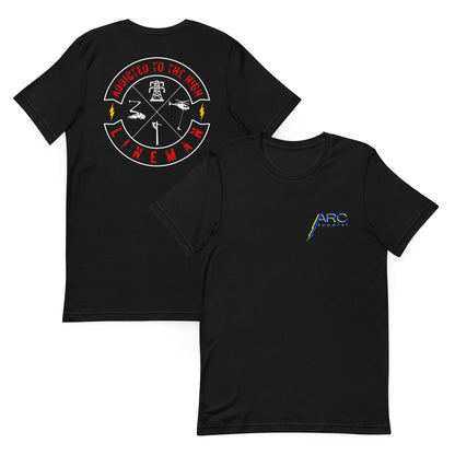 Black lineman shirt with 'Addicted to the High' circle graphic and linemen trade symbols. ARC Apparel logo on front.