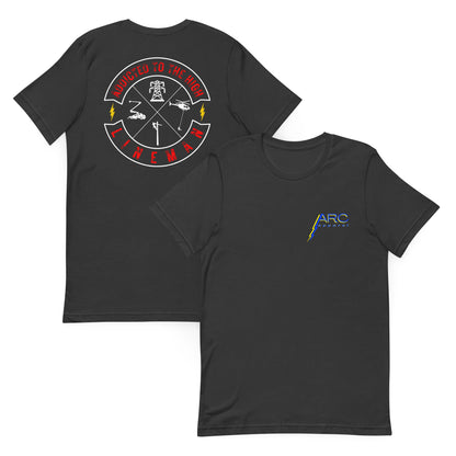 Grey lineman shirt with 'Addicted to the High' circle graphic and linemen trade symbols. ARC Apparel logo on front. 