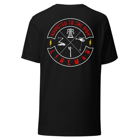 Black lineman shirt with 'Addicted to the High' circle graphic and linemen trade symbols
