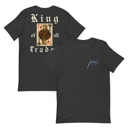 Grey shirt with bold king of trades text. Lineman holding power poles and lightning bolts on playing card. ARC Apparel logo on front