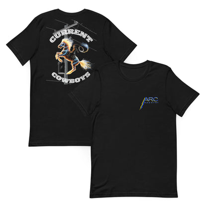 Black lineman shirt with electric lineman on horse and 'Current Cowboys' text over a power pole and 'lineman' written on the line. arc apparel logo on front