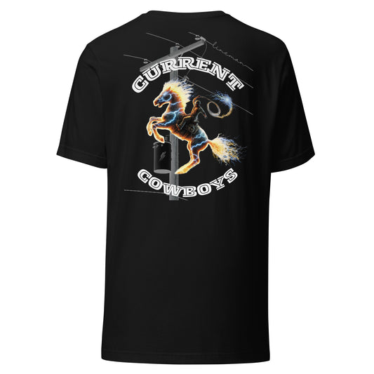 Black lineman shirt with electric lineman on horse and 'Current Cowboys' text over a power pole and 'lineman' written on the line.
