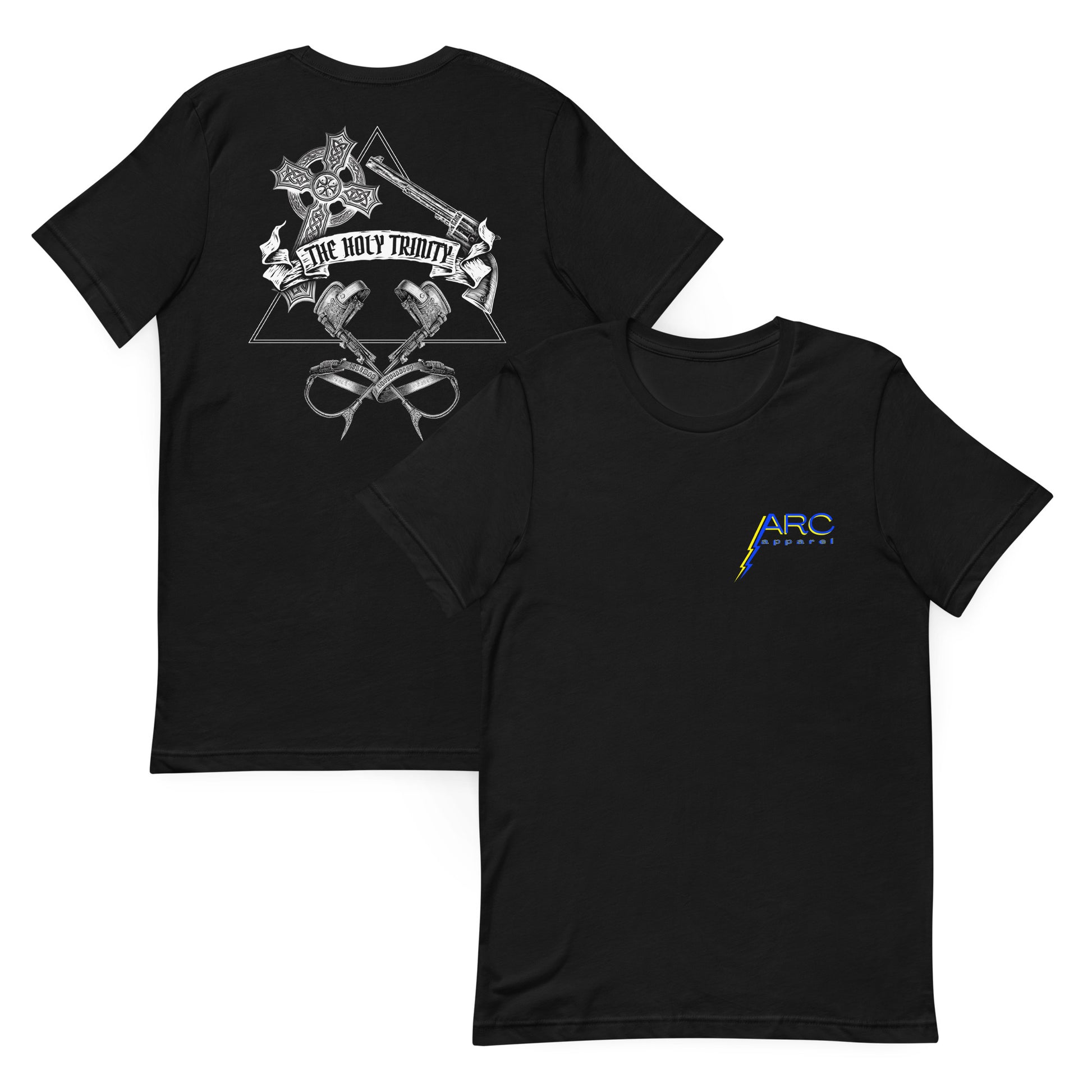 Black lineman t-shirt with white graphic design featuring 'The Holy Trinity' text and symbols of a cross, gun, and lineman gaffs in triangle. ARC Apparel logo on front