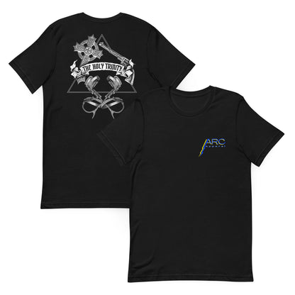 Black lineman t-shirt with white graphic design featuring 'The Holy Trinity' text and symbols of a cross, gun, and lineman gaffs in triangle. ARC Apparel logo on front