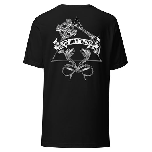 Black lineman t-shirt with white graphic design featuring 'The Holy Trinity' text and symbols of a cross, gun, and lineman gaffs in triangle.