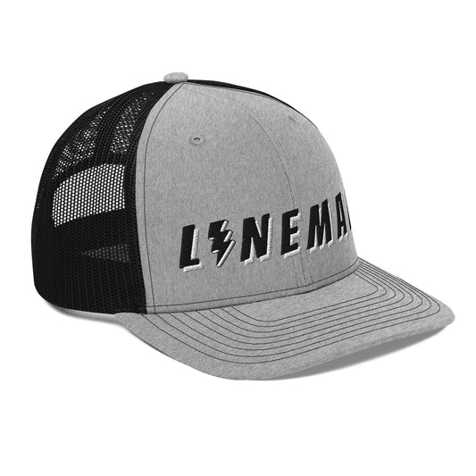 side of lineman hat with embroidered text and lightning bolt symbol replacing the letter i. grey front black back 