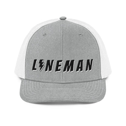 lineman hat with embroidered text and lightning bolt symbol replacing the letter i. grey front white back