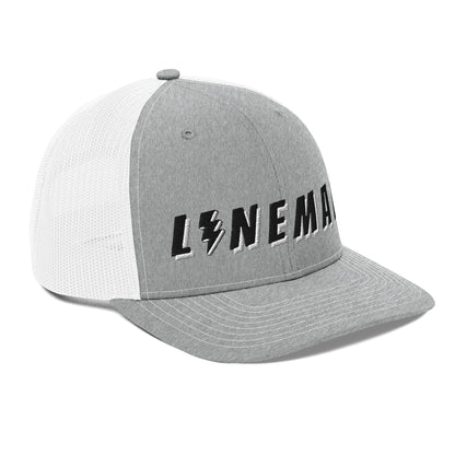 side of lineman hat with embroidered text and lightning bolt symbol replacing the letter i. grey front white back