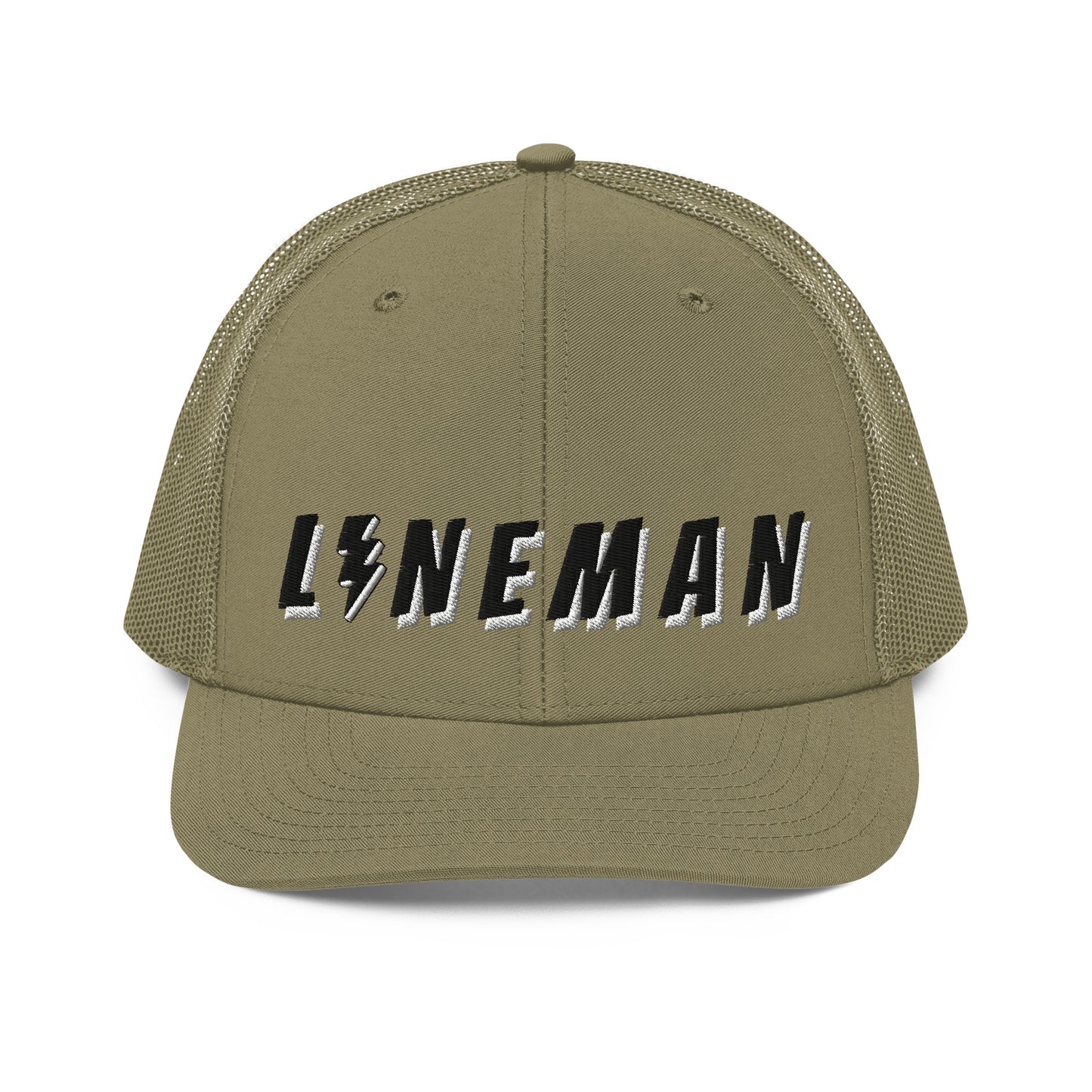 green lineman hat with embroidered text and lightning bolt symbol replacing the letter i. 