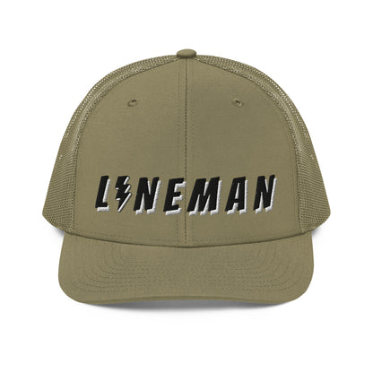 green lineman hat with embroidered text and lightning bolt symbol replacing the letter i. 